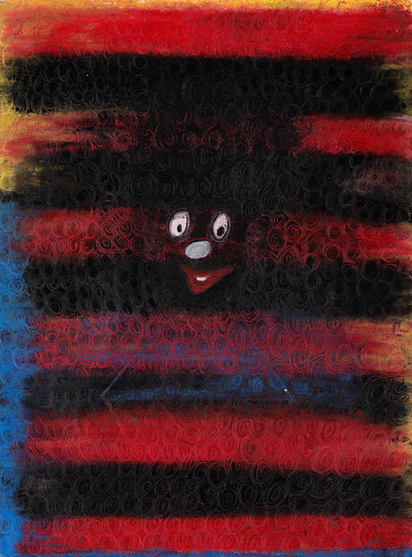 JUMP JIM CROW (Private Collection) 20 in x 16 in Oil Pastel on Watercolor Paper | A reworking of a historic caricature, challenging how spectacle has shaped perceptions of Black life.