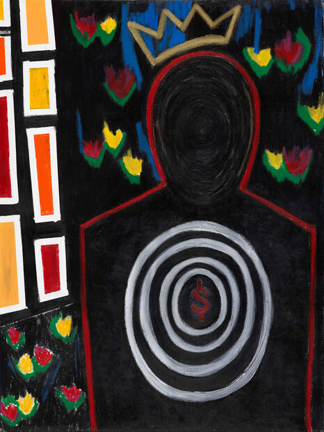 King | 48 IN. X 36 IN. (Private Collection) 48 in x 36 in. Oil Pastel on Canvas | A reflection on masculinity and caricature in American entertainment.