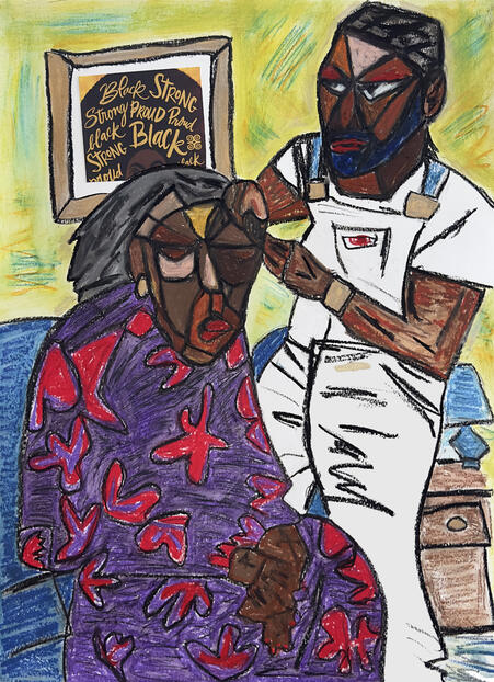 Helping Hand: care, frustration, and love. Oil pastel on paper, 18 x 24 inches 2025 | A portrait of caregiving and exhaustion, exploring the complexities of showing up for family.
