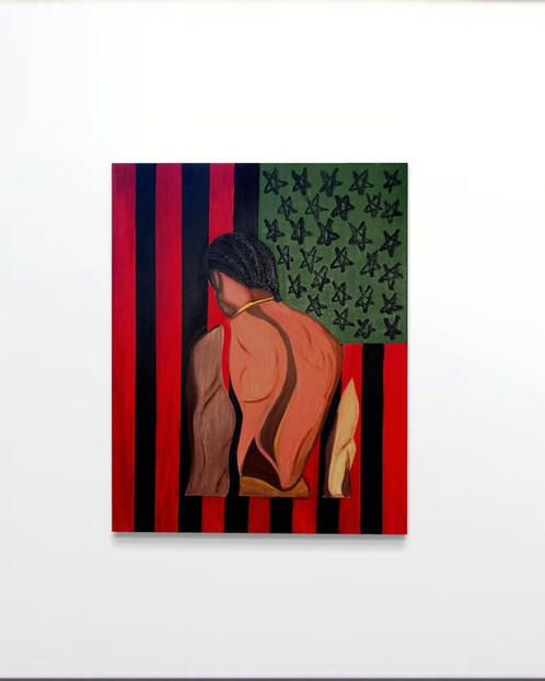 Reclamation (Self Portrait), 2025 Oil on canvas, 40 × 32 in. A self-portrait painted atop a reimagined African American flag, confronting who is permitted to belong and thrive in spaces historically closed to Black bodies.